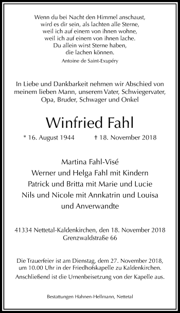 Traueranzeige von Winfried Fahl von Rheinische Post