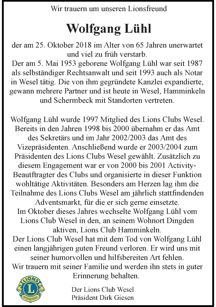  Traueranzeige für Wolfgang Lühl vom 07.11.2018 aus Rheinische Post