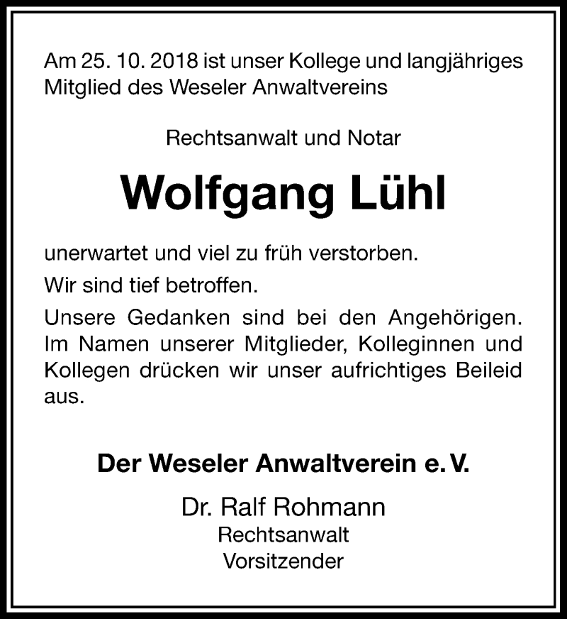  Traueranzeige für Wolfgang Lühl vom 03.11.2018 aus Rheinische Post