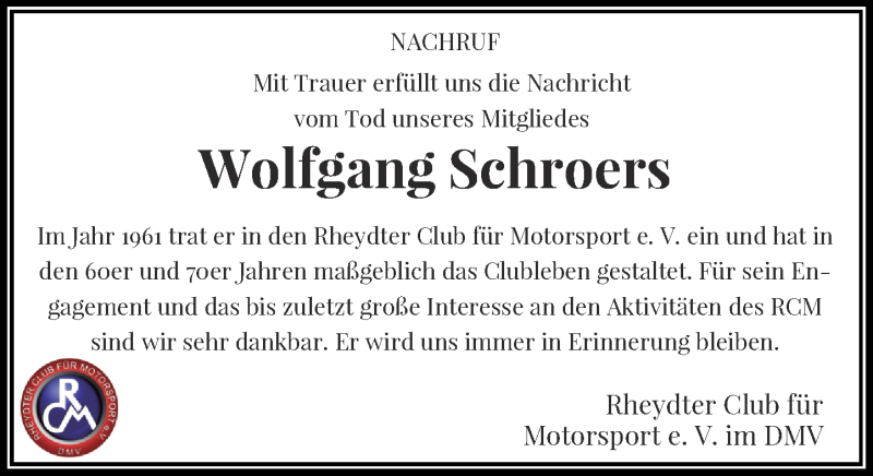  Traueranzeige für Wolfgang Schroers vom 03.11.2018 aus Rheinische Post