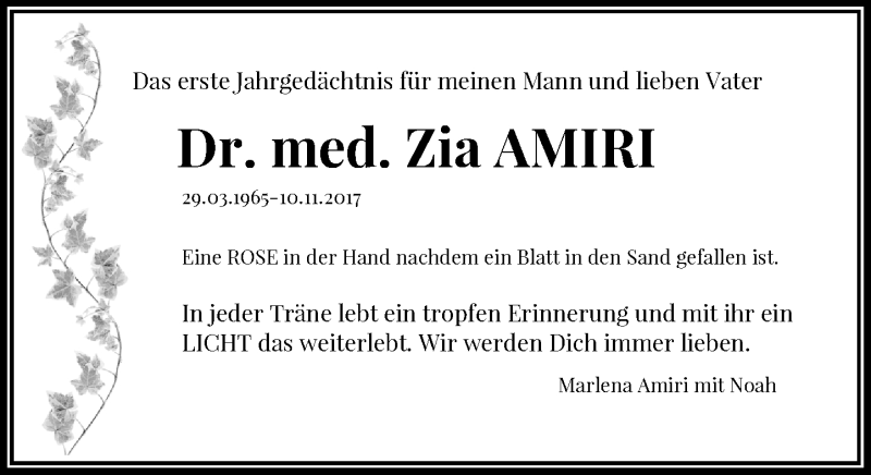  Traueranzeige für Zia Amiri vom 10.11.2018 aus Rheinische Post