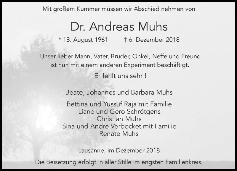  Traueranzeige für Andreas Muhs vom 15.12.2018 aus Rheinische Post