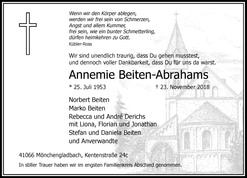 Traueranzeige für Annemie Beiten-Abrahams vom 05.12.2018 aus Rheinische Post