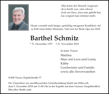 Traueranzeige von Barthel Schmitz von Rheinische Post