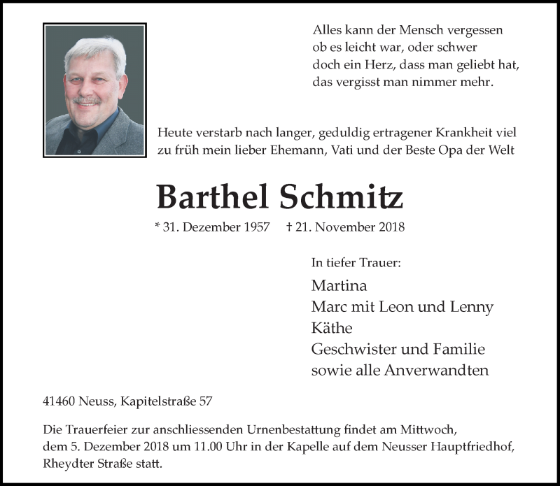 Traueranzeige für Barthel Schmitz vom 01.12.2018 aus Rheinische Post