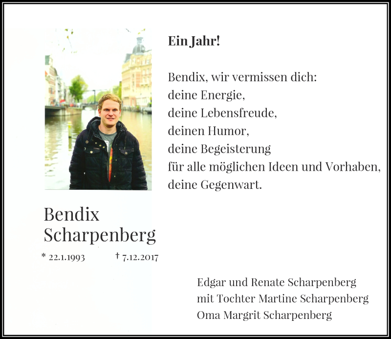  Traueranzeige für Bendix Scharpenberg vom 07.12.2018 aus Rheinische Post