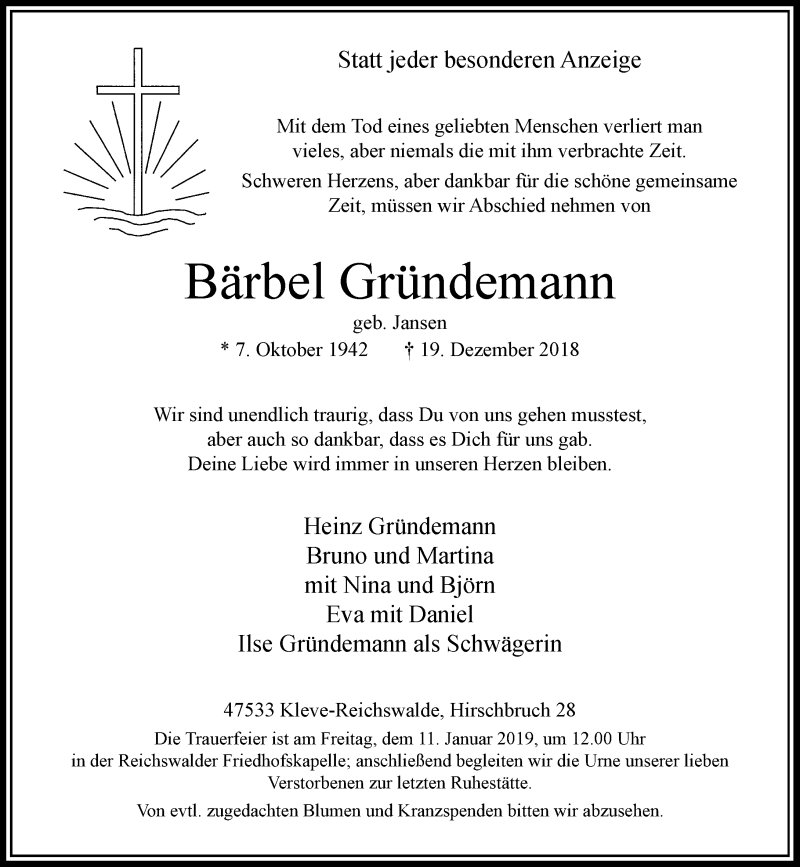  Traueranzeige für Bärbel Gründemann vom 31.12.2018 aus Rheinische Post