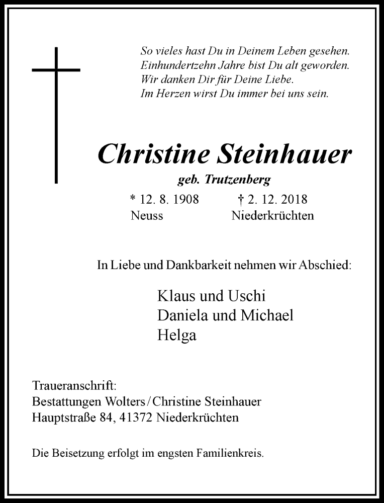  Traueranzeige für Christine Steinhauer vom 08.12.2018 aus Rheinische Post