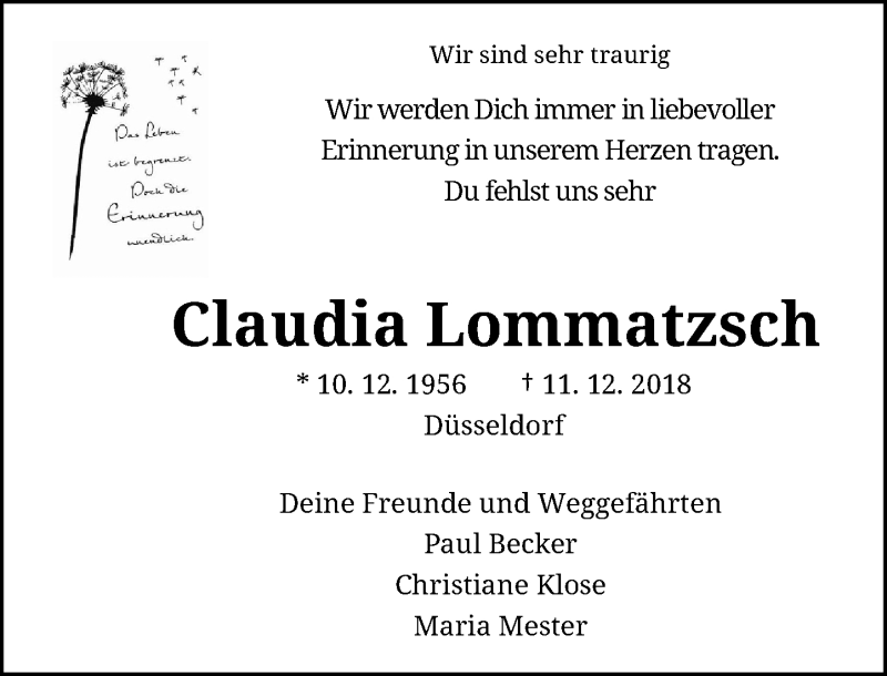  Traueranzeige für Claudia Lommatzsch vom 17.12.2018 aus Rheinische Post