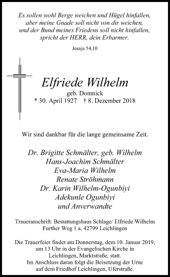 Traueranzeige von Elfriede Wilhelm von Rheinische Post