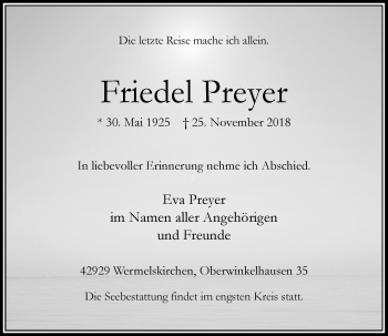 Traueranzeige von Friedel Preyer von Rheinische Post