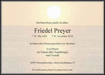 Traueranzeige von Friedel Preyer von Rheinische Post