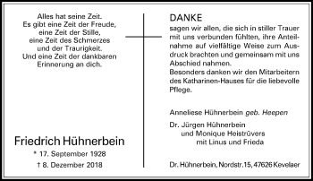 Traueranzeige von Friedrich Hühnerbein von Rheinische Post