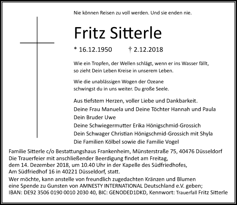  Traueranzeige für Fritz Sitterle vom 08.12.2018 aus Rheinische Post
