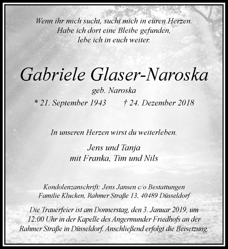  Traueranzeige für Gabriele Glaser-Naroska vom 29.12.2018 aus Rheinische Post