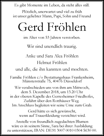 Traueranzeige von Gerd Fröhlen von Rheinische Post