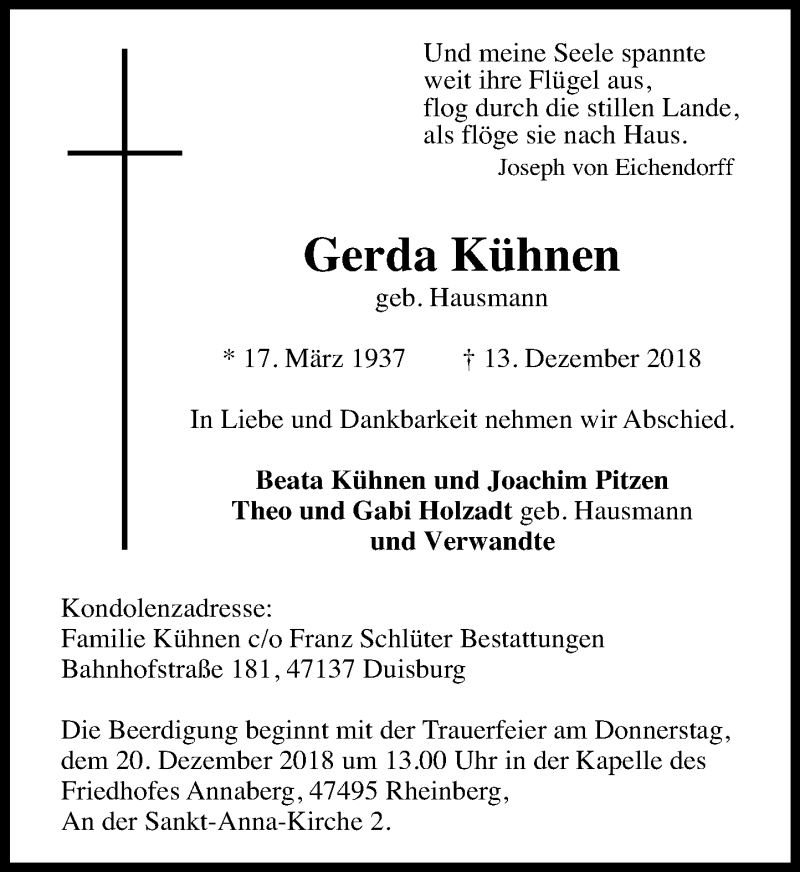  Traueranzeige für Gerda Kühnen vom 18.12.2018 aus Rheinische Post