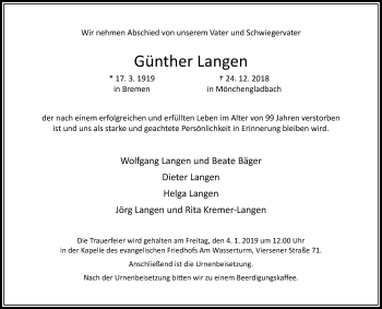 Todesanzeige von Günther Langen von Rheinische Post