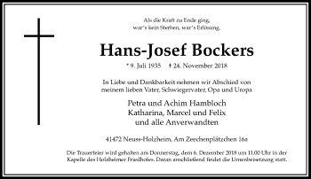 Traueranzeige von Hans-Josef Bockers von Rheinische Post