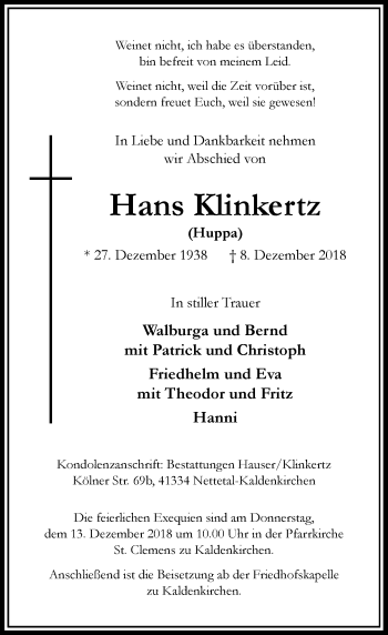 Traueranzeige von Hans Klinkertz von Rheinische Post