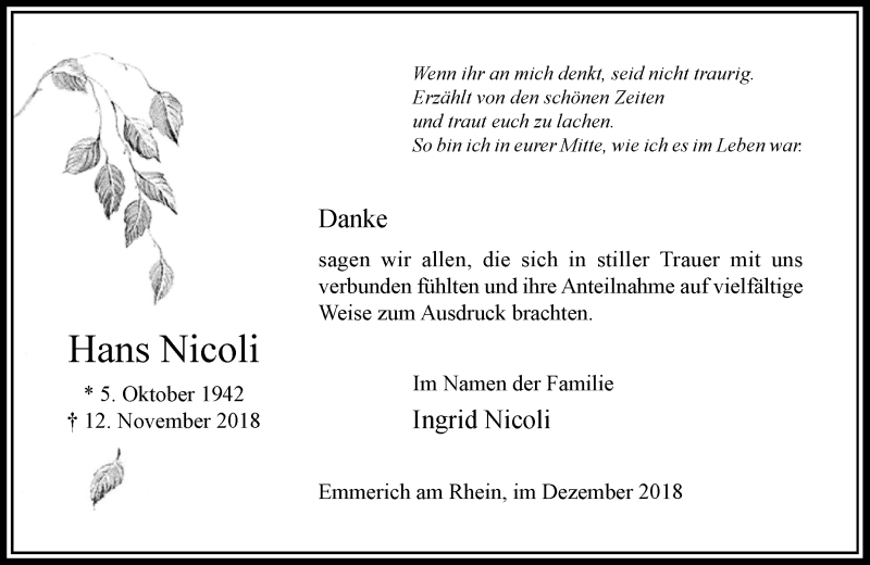  Traueranzeige für Hans Nicoli vom 15.12.2018 aus Rheinische Post