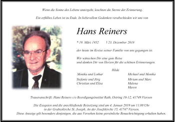 Traueranzeige von Hans Reiners von Rheinische Post