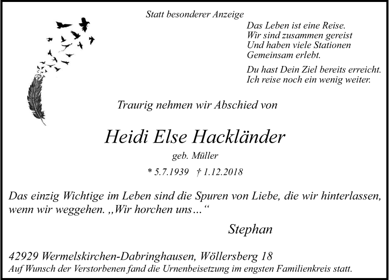  Traueranzeige für Heidi Else Hackländer vom 15.12.2018 aus Rheinische Post