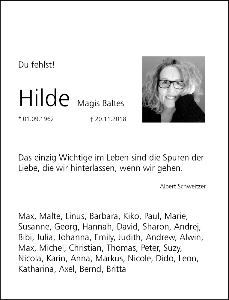  Traueranzeige für Hilde Magis Baltes vom 15.12.2018 aus Rheinische Post