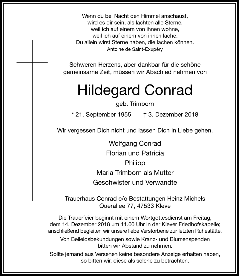  Traueranzeige für Hildegard Conrad vom 08.12.2018 aus Rheinische Post