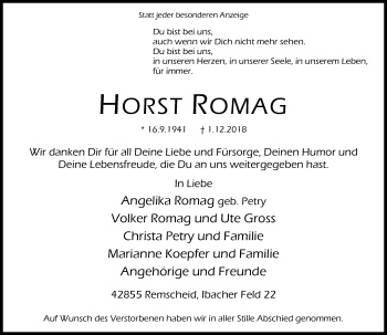 Traueranzeige von Horst Romag von Rheinische Post