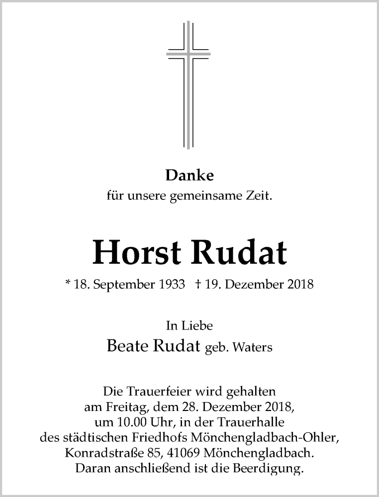  Traueranzeige für Horst Rudat vom 22.12.2018 aus Rheinische Post