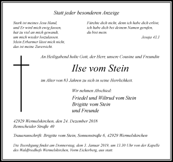 Todesanzeige von Ilse vom Stein von Rheinische Post