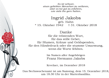 Traueranzeige von Ingrid Jakobs von Rheinische Post