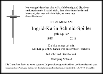 Traueranzeige von Ingrid-Karin Schmid-Spiller von Rheinische Post