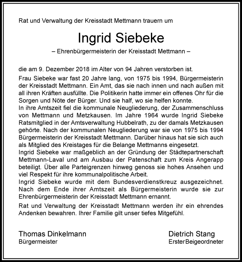  Traueranzeige für Ingrid Siebeke vom 12.12.2018 aus Rheinische Post