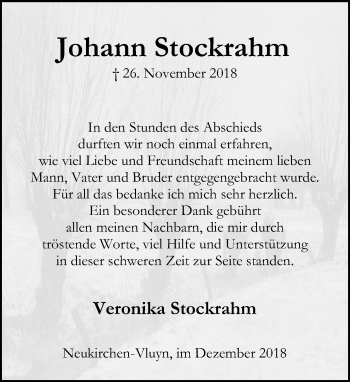 Traueranzeige von Johann Stockrahm von Rheinische Post