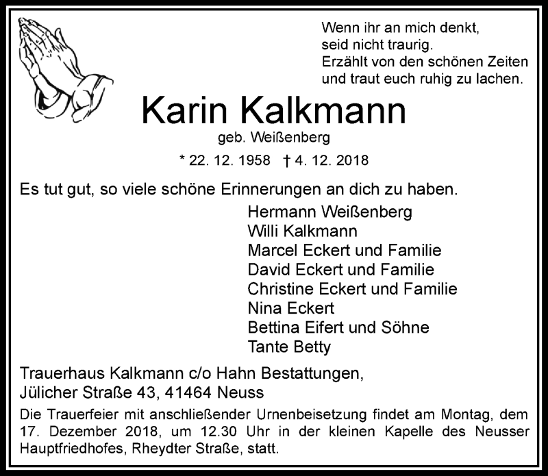 Traueranzeige für Karin Kalkmann vom 15.12.2018 aus Rheinische Post