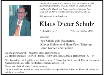 Traueranzeige von Klaus Dieter Schulz von Rheinische Post