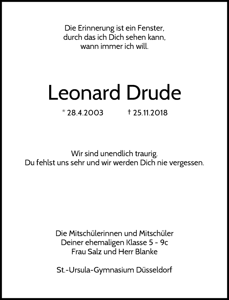  Traueranzeige für Leonard Drude vom 05.12.2018 aus Rheinische Post