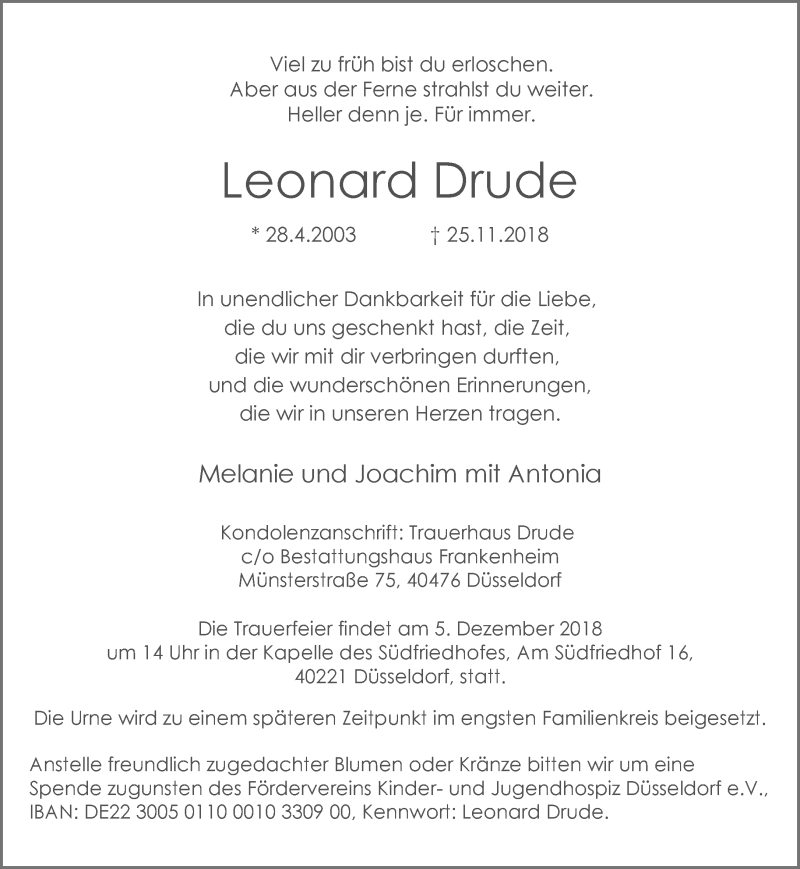  Traueranzeige für Leonard Drude vom 01.12.2018 aus Rheinische Post