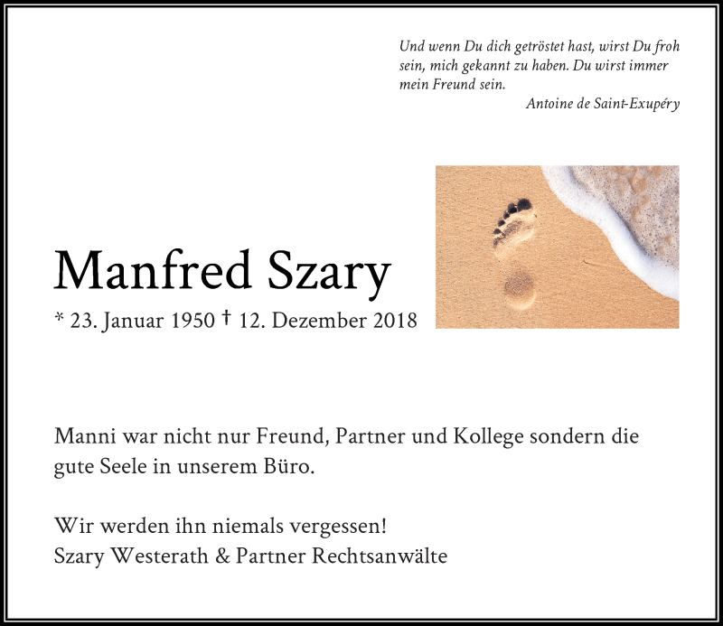  Traueranzeige für Manfred Szary vom 15.12.2018 aus Rheinische Post