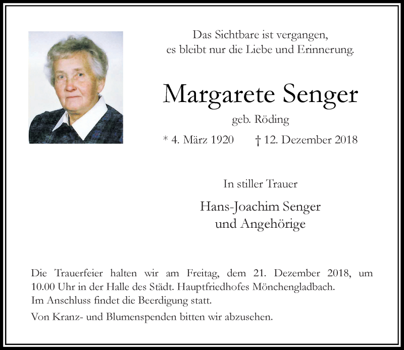  Traueranzeige für Margarete Sehger vom 18.12.2018 aus Rheinische Post