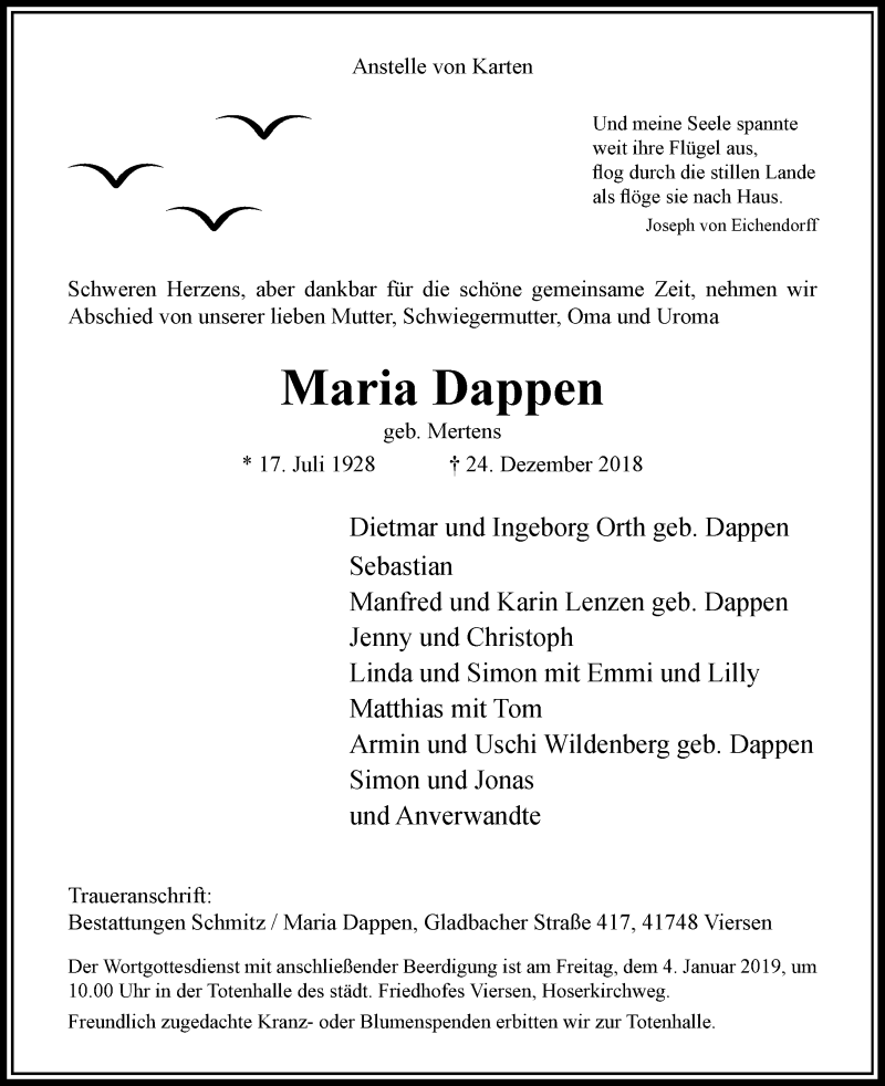  Traueranzeige für Maria Dappen vom 29.12.2018 aus Rheinische Post