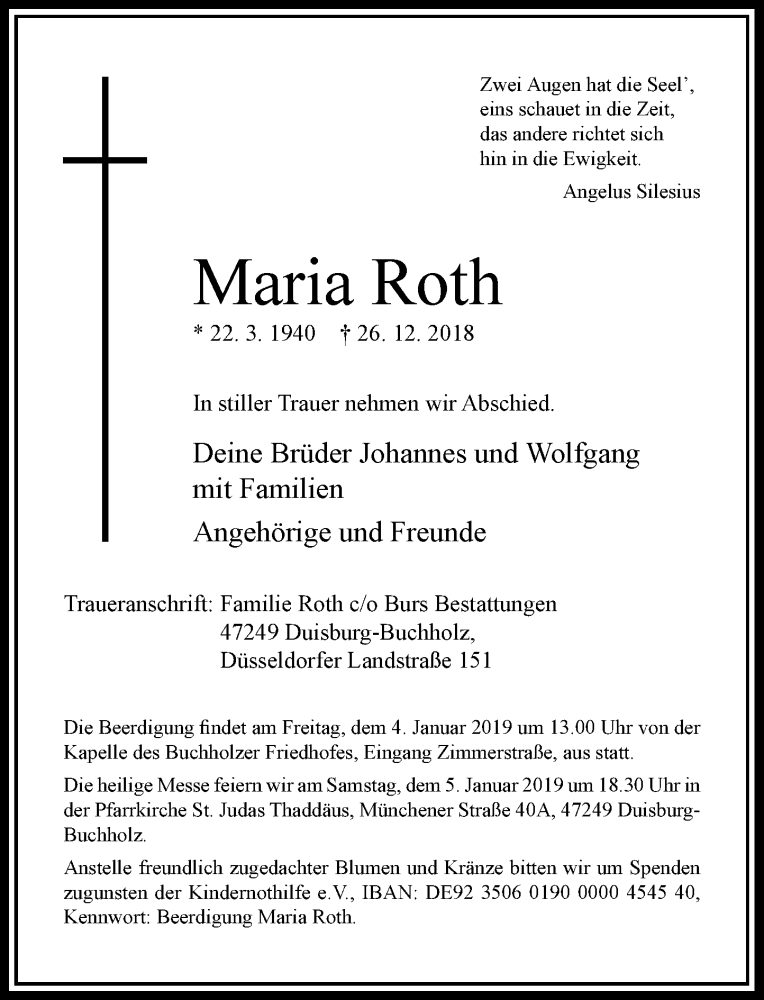  Traueranzeige für Maria Roth vom 29.12.2018 aus Rheinische Post