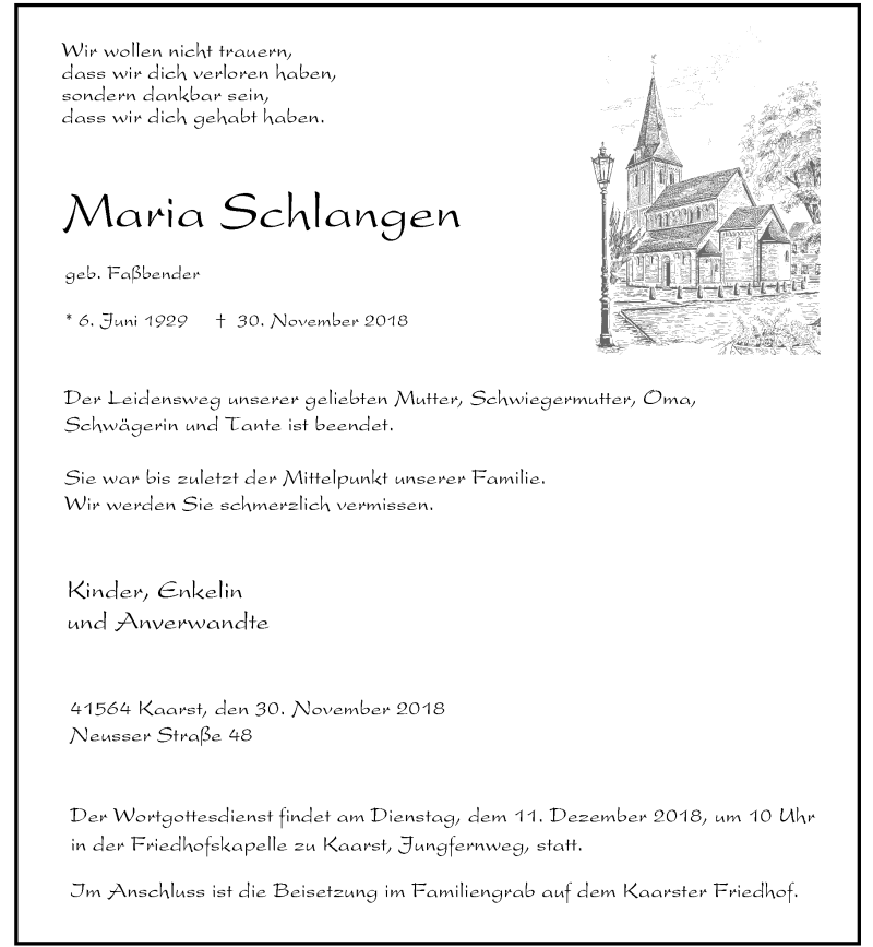  Traueranzeige für Maria Schlangen vom 05.12.2018 aus Rheinische Post