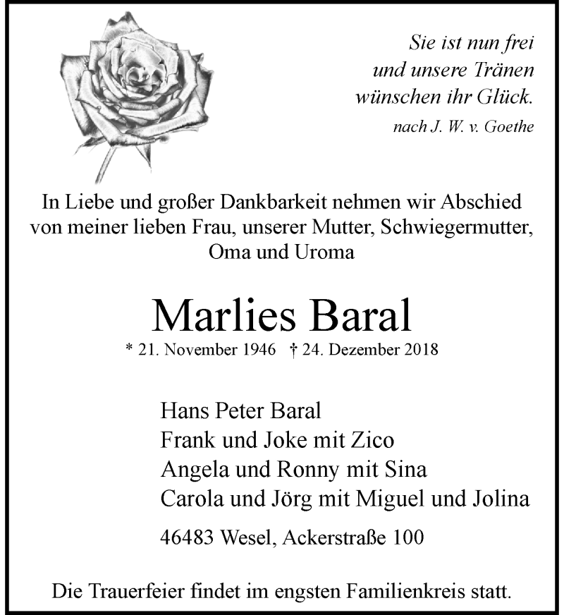  Traueranzeige für Marlies Baral vom 29.12.2018 aus Rheinische Post