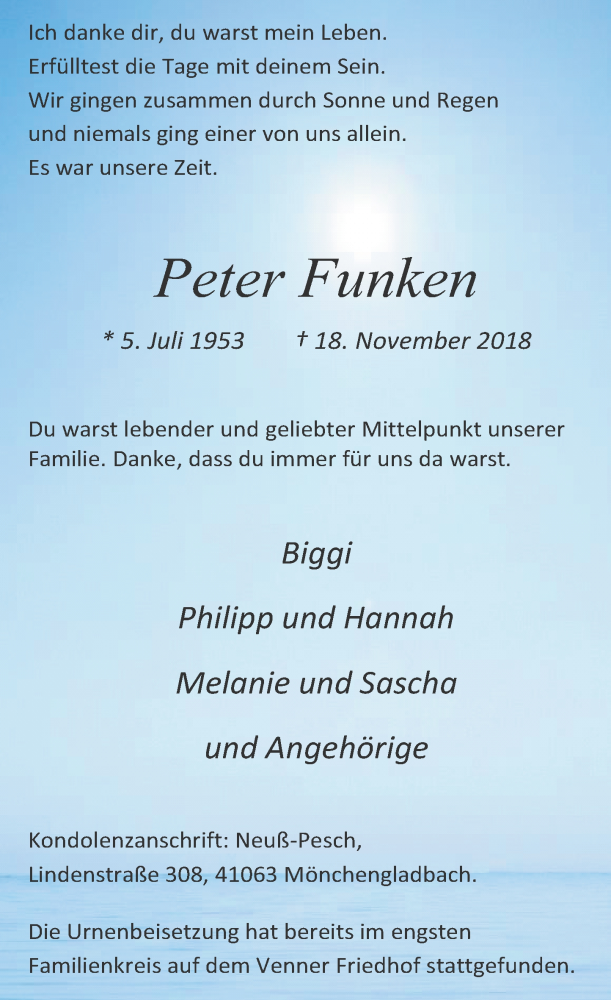  Traueranzeige für Peter Funken vom 01.12.2018 aus Rheinische Post