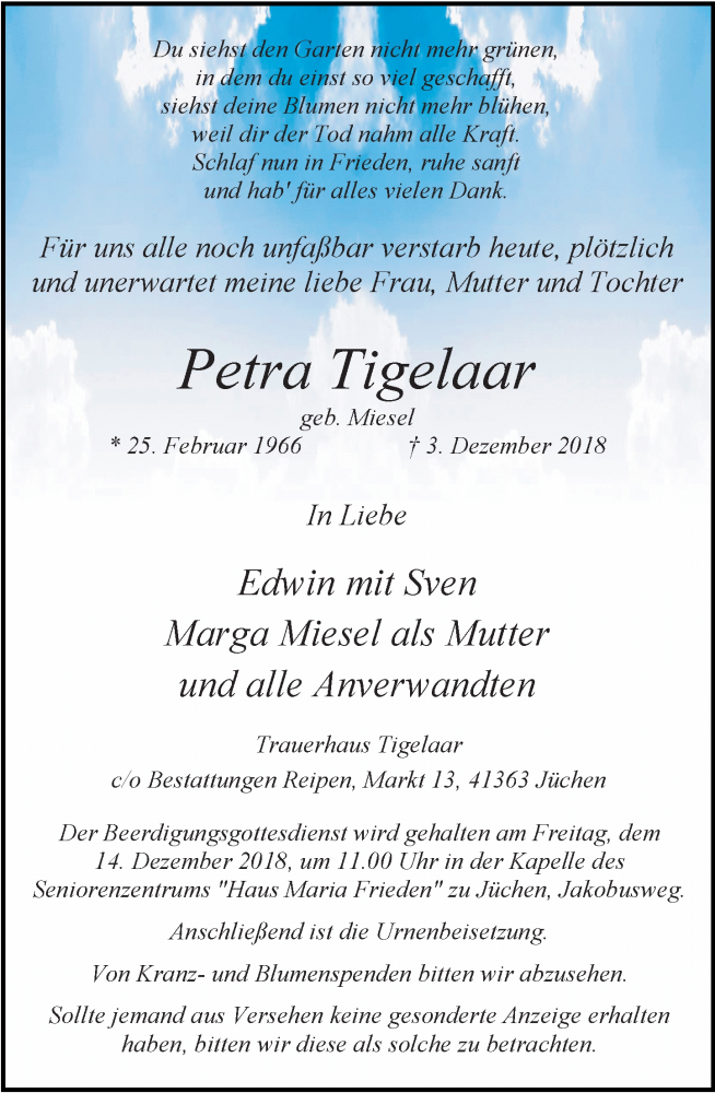  Traueranzeige für Petra Tigelaar vom 08.12.2018 aus Rheinische Post