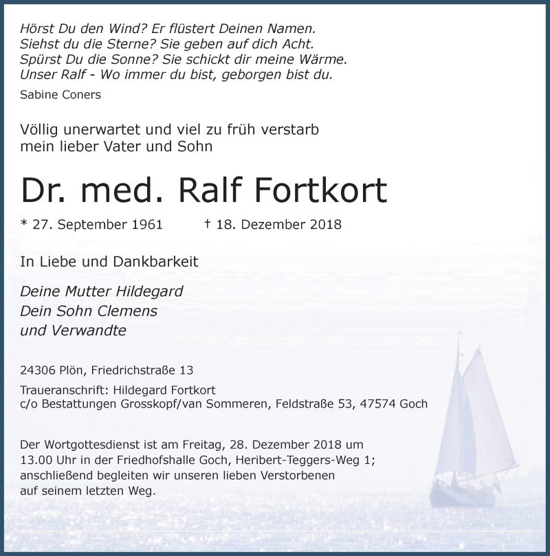  Traueranzeige für Ralf Fortkort vom 24.12.2018 aus Rheinische Post