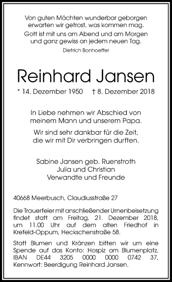 Traueranzeige von Reinhard Jansen von Rheinische Post